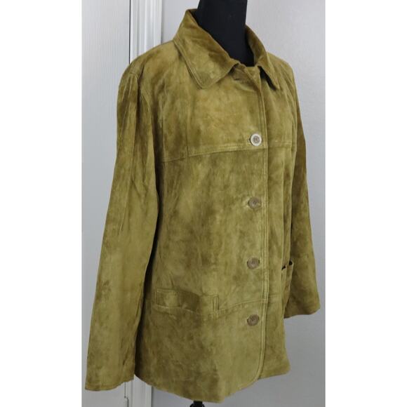 Vintage 90s Y2K St Johns Bay Tan Suede Leather Jacket Womens Petite Medium Chore - Picture 3 of 8